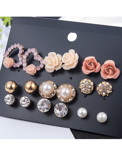 2019 nowych moda kobiet 9 para/zestaw kwiat Pearl Alloy Ear kolczyk śliczny kryształ biżuteria ślubna prezenty dla dziewczyny