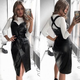 Kobiety Sashes Pu Leather Club Sexy na plecy sukienki krzyż Spaghetti pasek Fashion Lady elegancka sukienka kolano długość 2019 