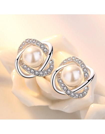 New Hot Pearl cyrkon geometryczne Twist stadniny kolczyki dla kobiet 925 Sterling Silver biżuteria Pendientes kreatywne kolczyki