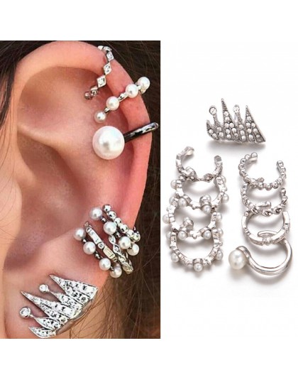 9 sztuk/zestaw Punk imitacja perły klipsy kryształowe dla kobiet artystyczna srebrna kolor Ear Cuff Brincos moda geometria biżut