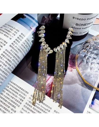 FYUAN moda długi Tassel pełny kryształ górski spadek kolczyki dla kobiet Bijoux błyszczące kropla wody kryształowe kolczyki zwis