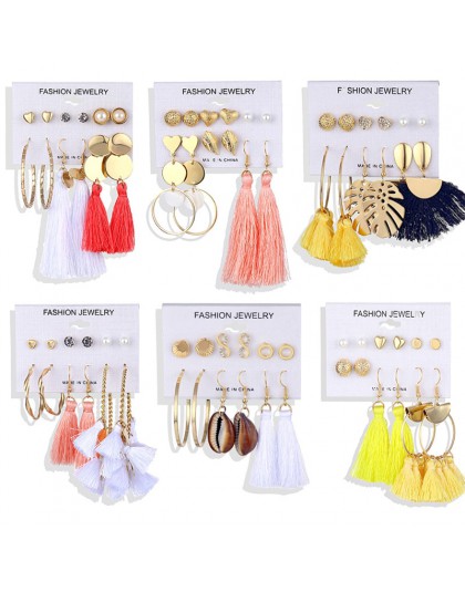 ALIUTOM Boho z frędzlami kolczyki zestaw czeski długi Vintage geometryczne kolczyki Dangle kolczyki dla kobiet Brincos tkaniny D