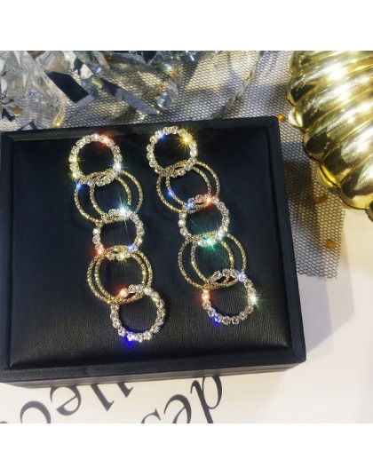 FYUAN Fashion wielokrotne kółko Drop kolczyki dla kobiet długie złoto srebrne z kryształem górskim kolczyk Party biżuteria Gifte