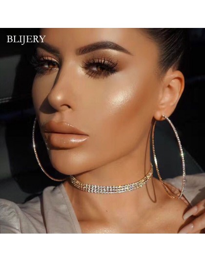 BLIJERY Fashion Rhinestone duże koło kolczyki duże kolczyki koła srebrny kolor kryształu okrągła obręcz kolczyki dla kobiet biżu