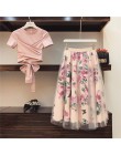 Wysokiej jakości kobiety nieregularne T Shirt + siatkowe spódniczki garsonki Bowknot jednolite topy vintage, w kwiaty komplety s