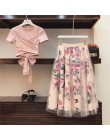 Wysokiej jakości kobiety nieregularne T Shirt + siatkowe spódniczki garsonki Bowknot jednolite topy vintage, w kwiaty komplety s