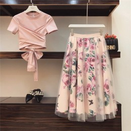 Wysokiej jakości kobiety nieregularne T Shirt + siatkowe spódniczki garsonki Bowknot jednolite topy vintage, w kwiaty komplety s