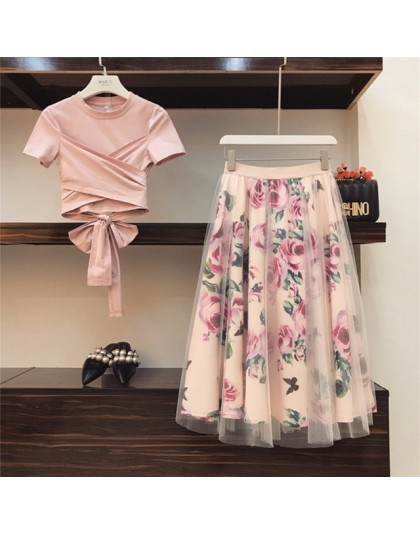 Wysokiej jakości kobiety nieregularne T Shirt + siatkowe spódniczki garsonki Bowknot jednolite topy vintage, w kwiaty komplety s