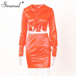 Simenual Sexy moda Satin pasujące zestawy kobiety V Neck Party Hot jedwab 2 sztuka stroje z długim rękawem bandażowy Crop zestaw