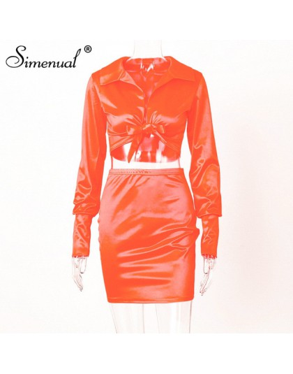 Simenual Sexy moda Satin pasujące zestawy kobiety V Neck Party Hot jedwab 2 sztuka stroje z długim rękawem bandażowy Crop zestaw