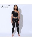 Simenual sportowy moda odzież sportowa czarny Fitness dresy jedno ramię 2 sztuka zestaw kobiety treningu krótki top i legginsy z
