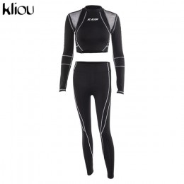 Kliou kobiety fitness sportowe dwa kawałki zestaw list drukuj sweter z golfem legginsy paski patchwork 2019 moda 2 sztuk dresy