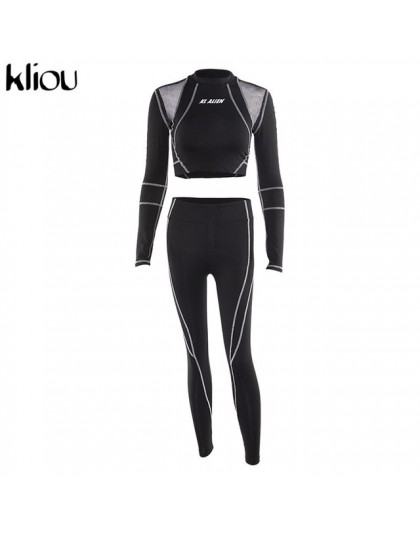 Kliou kobiety fitness sportowe dwa kawałki zestaw list drukuj sweter z golfem legginsy paski patchwork 2019 moda 2 sztuk dresy