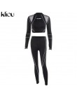 Kliou kobiety fitness sportowe dwa kawałki zestaw list drukuj sweter z golfem legginsy paski patchwork 2019 moda 2 sztuk dresy
