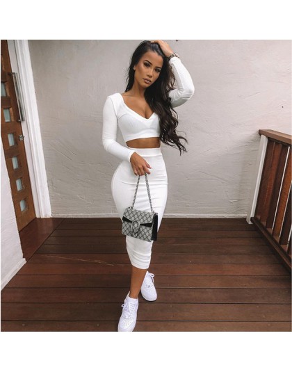 NewAsia Sexy Two Piece Set V-neck Long Sleeve Crop Top Long Skirt Set Party Clothing Sets Outfit Women Two Piece Outfits 2020