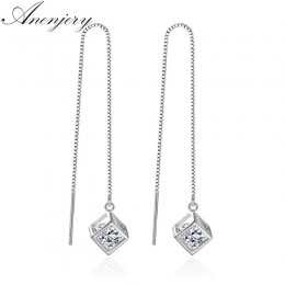 Anenjery elegancka moda 925 Sterling Silver Cube Love Window cyrkon Sugar Drop kolczyki Box Chain długie kolczyki Tassel S-E238