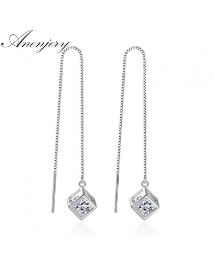 Anenjery elegancka moda 925 Sterling Silver Cube Love Window cyrkon Sugar Drop kolczyki Box Chain długie kolczyki Tassel S-E238