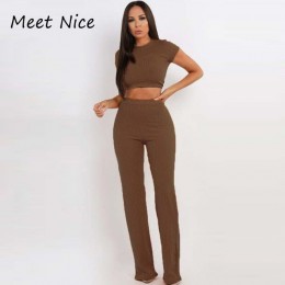 2 dwuczęściowy zestaw kobiet żebrowane O Neck krótki top i zestaw długich spodni Sexy jesień z krótkim rękawem dres kobiet Conju