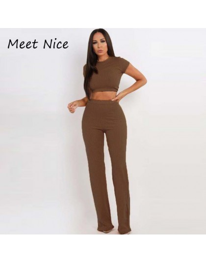 2 dwuczęściowy zestaw kobiet żebrowane O Neck krótki top i zestaw długich spodni Sexy jesień z krótkim rękawem dres kobiet Conju