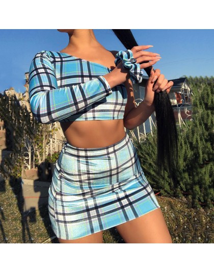 ANJAMANOR nadruk w szkocką kratę Sexy dwuczęściowy zestaw jedno ramię z długim rękawem krótki Top spódnica pasujące zestawy stro