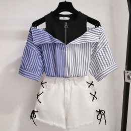 Plus rozmiar 2 sztuk zestawy z krótkimi spodenkami lato słodki koreański off shoulder topy i szorty 2 sztuk zestawy kobiety odzi