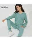 Wixra sweter kombinezon i zestawy Casual V Neck swetry topy + kieszenie długie spodnie stałe dwa kawałki zestawy 2019 jesień zim