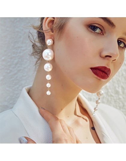 Moda eleganckie długie kolczyki perłowe stworzone duże imitacja perły kolczyki z łańcuszka na wesele prezent 2020