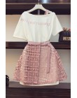 2019 wiosna lato kobiety moda 2 sztuka garnitur wycięty kołnierz Off ramię długi T Shirt & Hollow Out koronkowa spódniczka garni