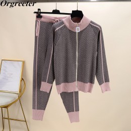 Jesień zima nowy dres kobieta kolorowy patchwork zamek z golfem kardigany z dzianiny + spodnie 2 szt. Zestawy z długim rękawem d