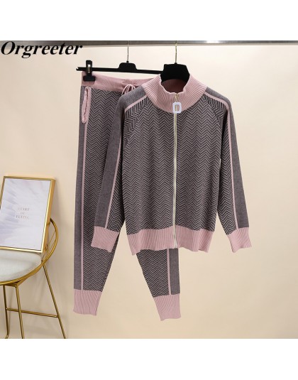 Jesień zima nowy dres kobieta kolorowy patchwork zamek z golfem kardigany z dzianiny + spodnie 2 szt. Zestawy z długim rękawem d