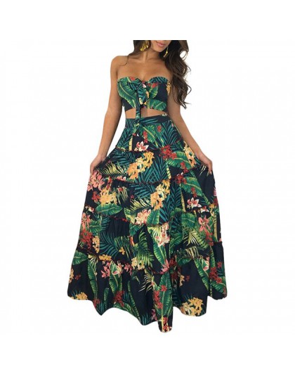 Seksowne kobiety Boho dwuczęściowy zestaw krótki top długi spódnica kwiatowy drukowane Bandeau opaska bez ramiączek Ruffles spód