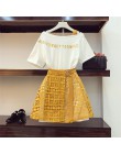 2019 wiosna lato kobiety moda 2 sztuka garnitur wycięty kołnierz Off ramię długi T Shirt & Hollow Out koronkowa spódniczka garni