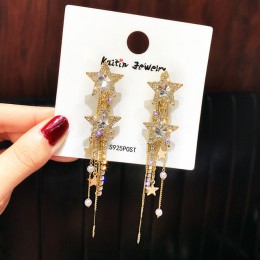 FYUAN koreański styl błyszczące kolczyki wiszące w kształcie gwiazdki dla kobiet nowy Bijoux długi Tassel niebieski kryształ dyn