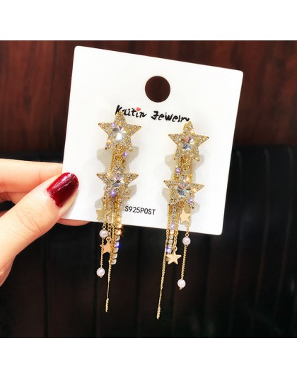 FYUAN koreański styl błyszczące kolczyki wiszące w kształcie gwiazdki dla kobiet nowy Bijoux długi Tassel niebieski kryształ dyn