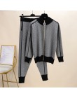 Jesień zima nowy dres kobieta kolorowy patchwork zamek z golfem kardigany z dzianiny + spodnie 2 szt. Zestawy z długim rękawem d