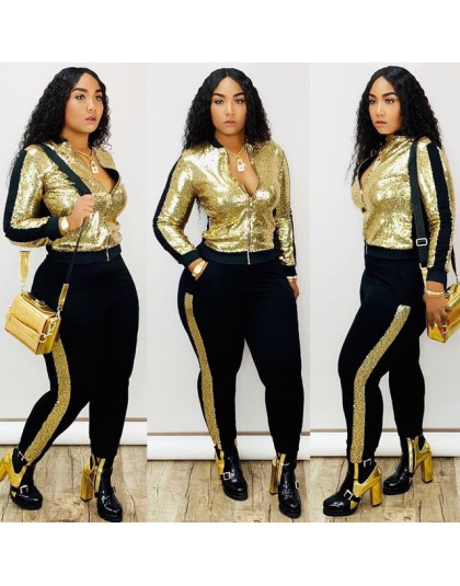 Jesień zima cekiny 2 sztuka zestaw kobiety dres bluza z długim rękawem najlepsze spodnie garnitur Streetwear świecący pasujące z
