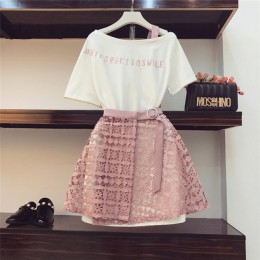 2019 wiosna lato kobiety moda 2 sztuka garnitur wycięty kołnierz Off ramię długi T Shirt & Hollow Out koronkowa spódniczka garni