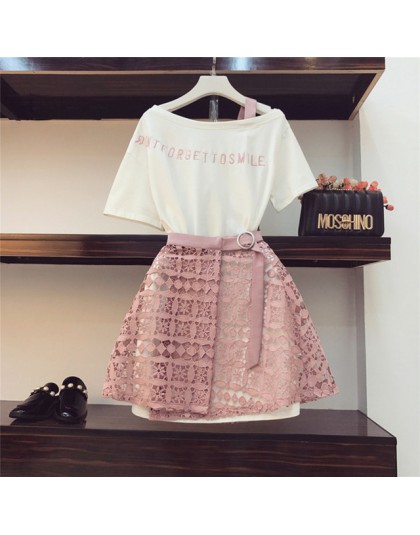 2019 wiosna lato kobiety moda 2 sztuka garnitur wycięty kołnierz Off ramię długi T Shirt & Hollow Out koronkowa spódniczka garni