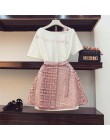 2019 wiosna lato kobiety moda 2 sztuka garnitur wycięty kołnierz Off ramię długi T Shirt & Hollow Out koronkowa spódniczka garni