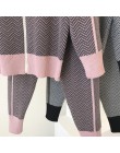 Jesień zima nowy dres kobieta kolorowy patchwork zamek z golfem kardigany z dzianiny + spodnie 2 szt. Zestawy z długim rękawem d