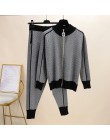 Jesień zima nowy dres kobieta kolorowy patchwork zamek z golfem kardigany z dzianiny + spodnie 2 szt. Zestawy z długim rękawem d