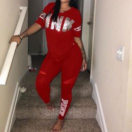 Damski zestaw dwuczęściowy 2019 lato różowy list drukuj dresy t-shirt plus size topy i spodnie zestaw garnitury na co dzień Bodc