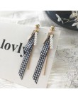 Eleganckie czarno-białe Houndstooth Plaid aksamitne tkaniny okrągłe duże koło długie kolczyki dla kobiet zniekształcone tkaniny 
