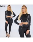 Kliou women fitness dwa kawałki zestaw czarny z długim rękawem krótki top z białymi paskami patchwork wysokiej talii legging str