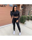 Kliou women fitness dwa kawałki zestaw czarny z długim rękawem krótki top z białymi paskami patchwork wysokiej talii legging str
