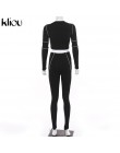 Kliou women fitness dwa kawałki zestaw czarny z długim rękawem krótki top z białymi paskami patchwork wysokiej talii legging str