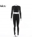 Kliou women fitness dwa kawałki zestaw czarny z długim rękawem krótki top z białymi paskami patchwork wysokiej talii legging str