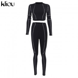 Kliou women fitness dwa kawałki zestaw czarny z długim rękawem krótki top z białymi paskami patchwork wysokiej talii legging str