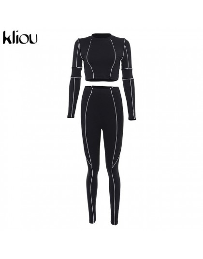 Kliou women fitness dwa kawałki zestaw czarny z długim rękawem krótki top z białymi paskami patchwork wysokiej talii legging str