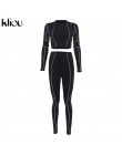 Kliou women fitness dwa kawałki zestaw czarny z długim rękawem krótki top z białymi paskami patchwork wysokiej talii legging str
